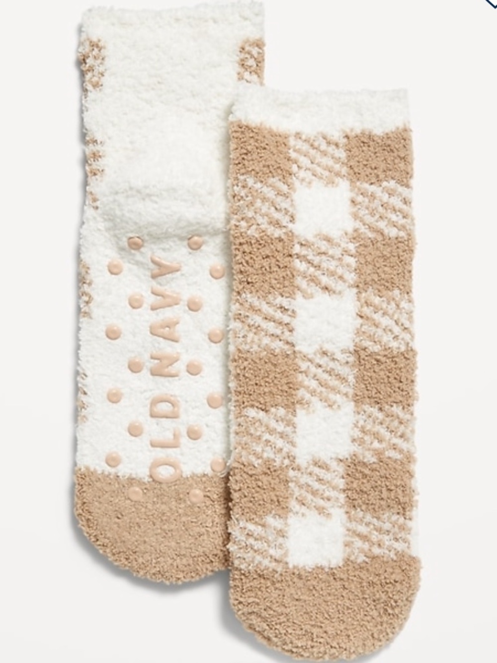 Kid's XS Unisex Cozy Gripper Socks Neutral Plaid Soft Fleece